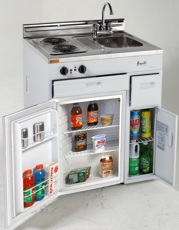 Avanti CK3016 30 inch Complete Compact Kitchen with 2.2 cu. ft. Refrigerator Capacity, Stainless Steel Sink, Backsplash, Storage Drawer, Door Bins, and Stainless Steel Countertop in White