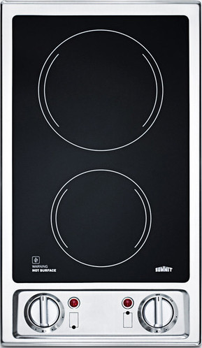 Summit CR2B120 12 inch Built-In Electric Cooktop with 2 Radiant Elements, Smooth Ceramic Surface, Push-To-Turn Controls, and Indicator Lights (Stainless Steel)