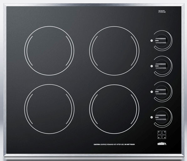 Summit CR424BL 24 inch Electric Cooktop with 4 1200W Elements, Push To Turn Knobs, Stainless Steel Trim, Schott Ceran Surface, and E.G.O. Burners (Black)