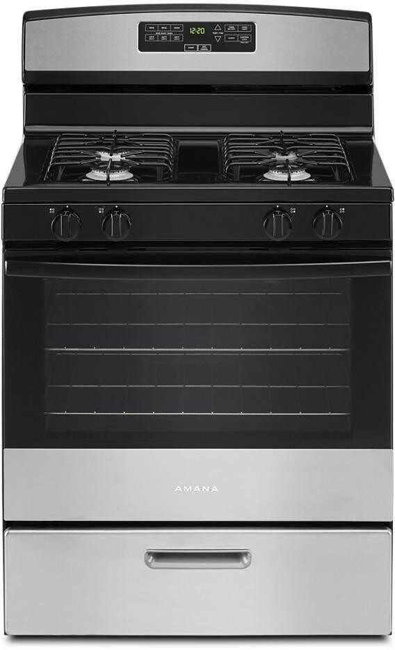 Amana AGR6303MMS 30 inch Freestanding Gas Range with 4 Sealed Burners, 5.1 cu. ft. Oven Capacity, Broiler Drawer, SpillSaver Upswept Cooktop (Stainless Steel)