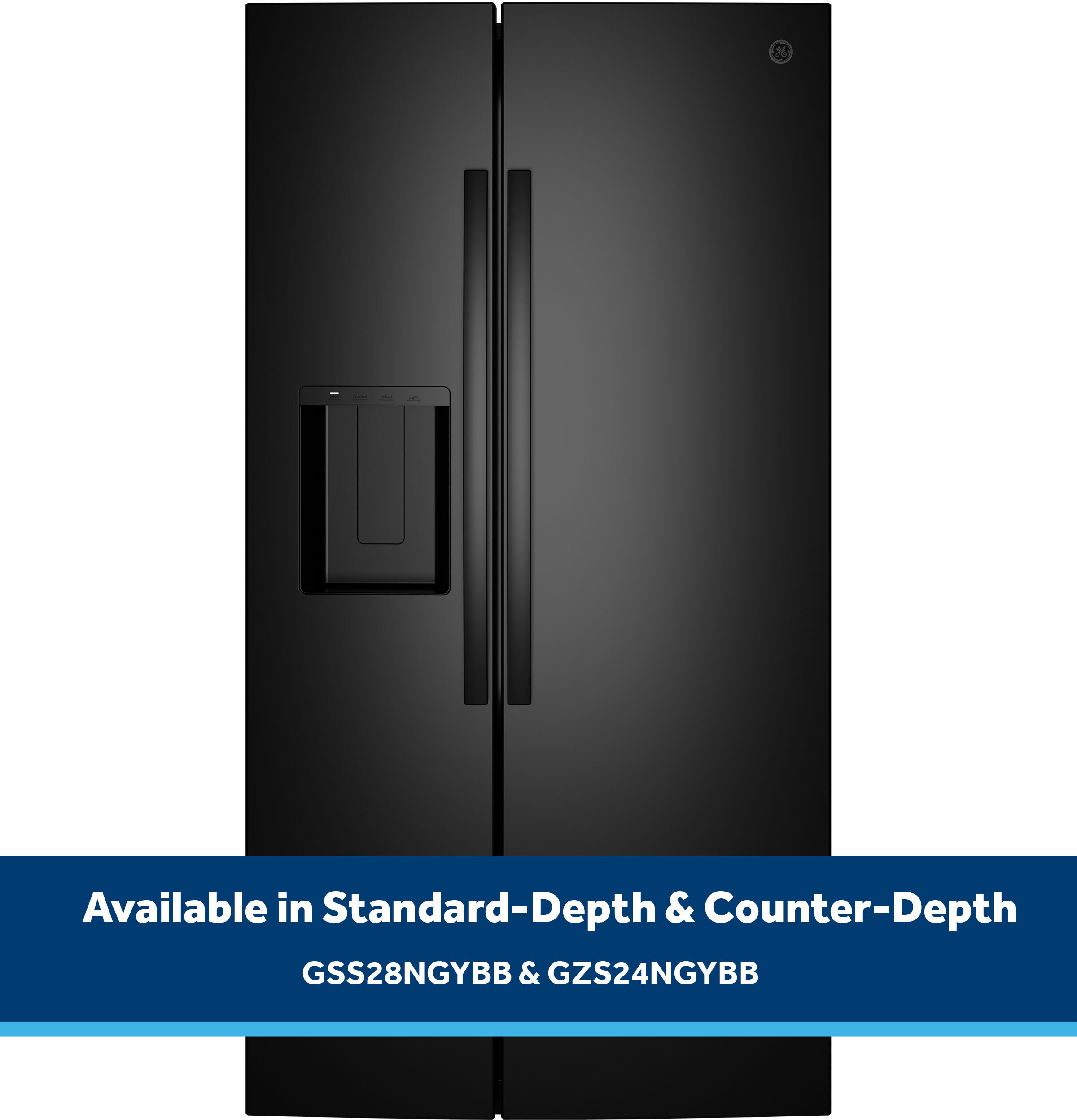 GE® 27.9 Cu. Ft. Side-By-Side Refrigerator with Extra Tall Dispenser and In-Door Icemaker in Black size 69.94 H x 35.75 W x 36 D | GSS28NGYBB