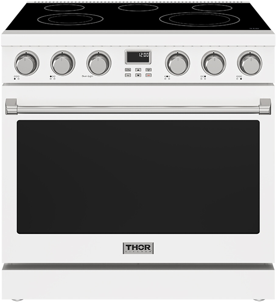 Thor Kitchen ARE36W 36 inch Professional Electric Range with 5 Elements, 6 cu. ft. Oven Capacity, Convection Fan and Heavy Duty Control Knobs (White)