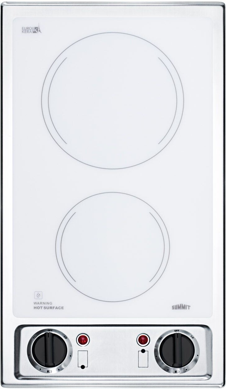 Summit CR2B120WH 12 inch Built-In Electric Cooktop with 2 Radiant Elements, Smooth Ceramic Surface, Push-To-Turn Controls, and Indicator Lights (White)