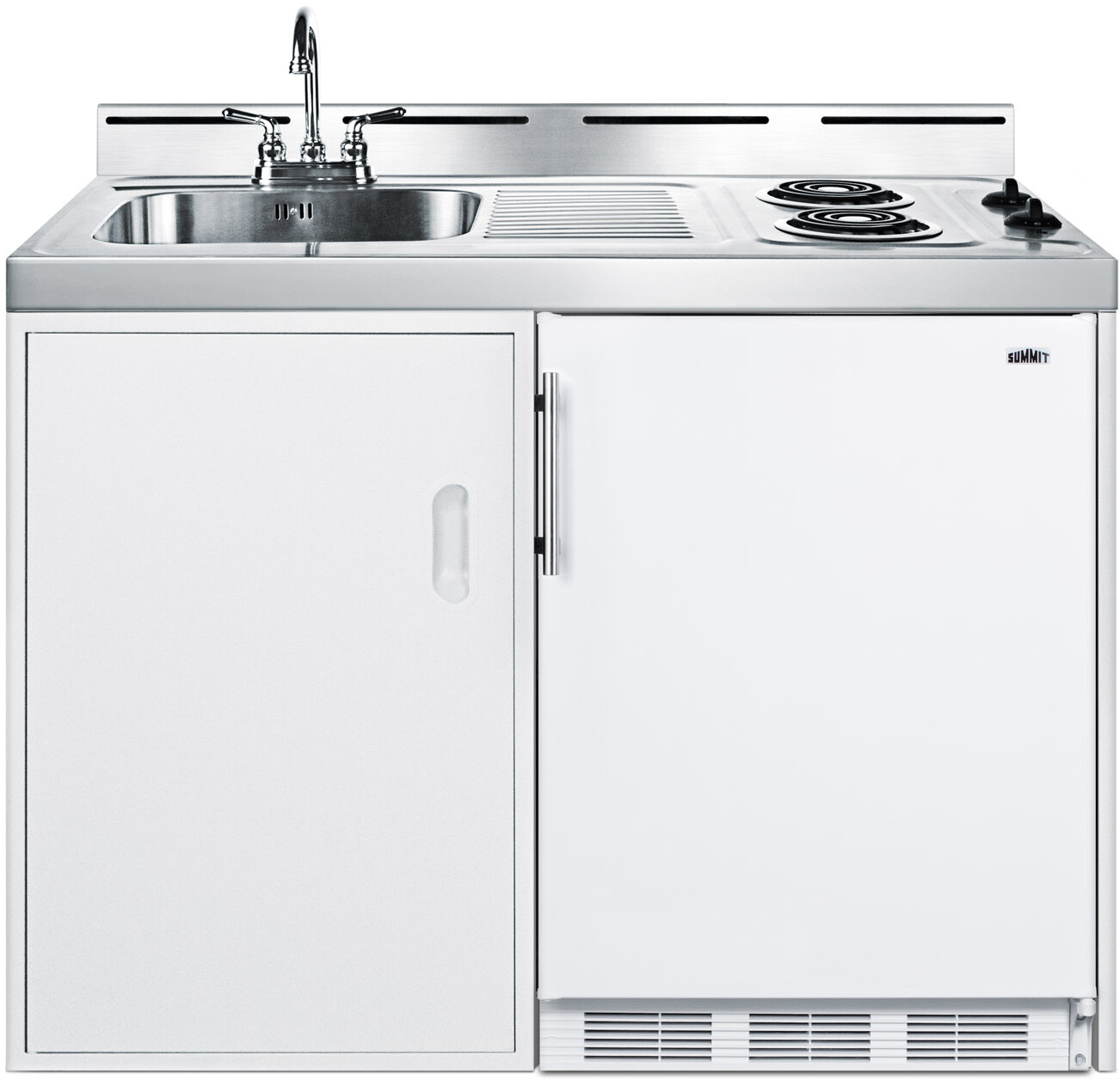 Summit C48EL 48 inch All-In-One Kitchenette with 2-Burner 115V Coil Cooktop, 5.1 cu. ft. Refrigerator-Freezer, Sink and Faucet, and Storage Cabinet in White