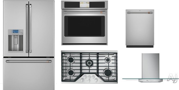 Cafe 5 Piece Kitchen Appliances Package with French Door Refrigerator and Dishwasher in Stainless Steel CAFRECTWODWRH41