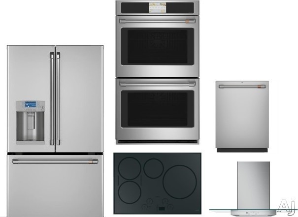 Cafe 5 Piece Kitchen Appliances Package with French Door Refrigerator and Dishwasher in Stainless Steel CAFRECTWODWRH44