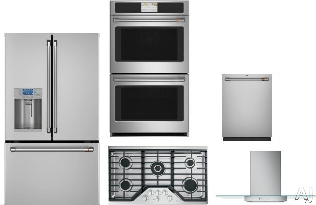 Cafe 5 Piece Kitchen Appliances Package with French Door Refrigerator and Dishwasher in Stainless Steel CAFRECTWODWRH47