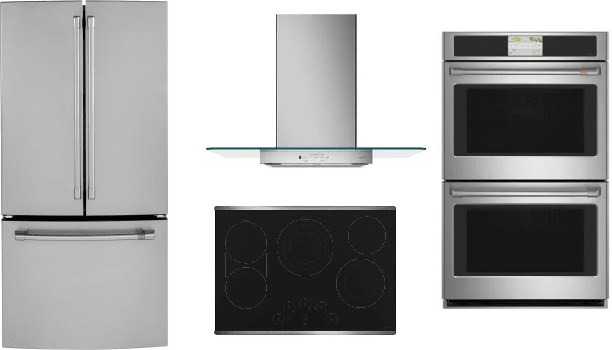 Cafe 4 Piece Kitchen Appliances Package with French Door Refrigerator in Stainless Steel CAFRECTWODWRH502