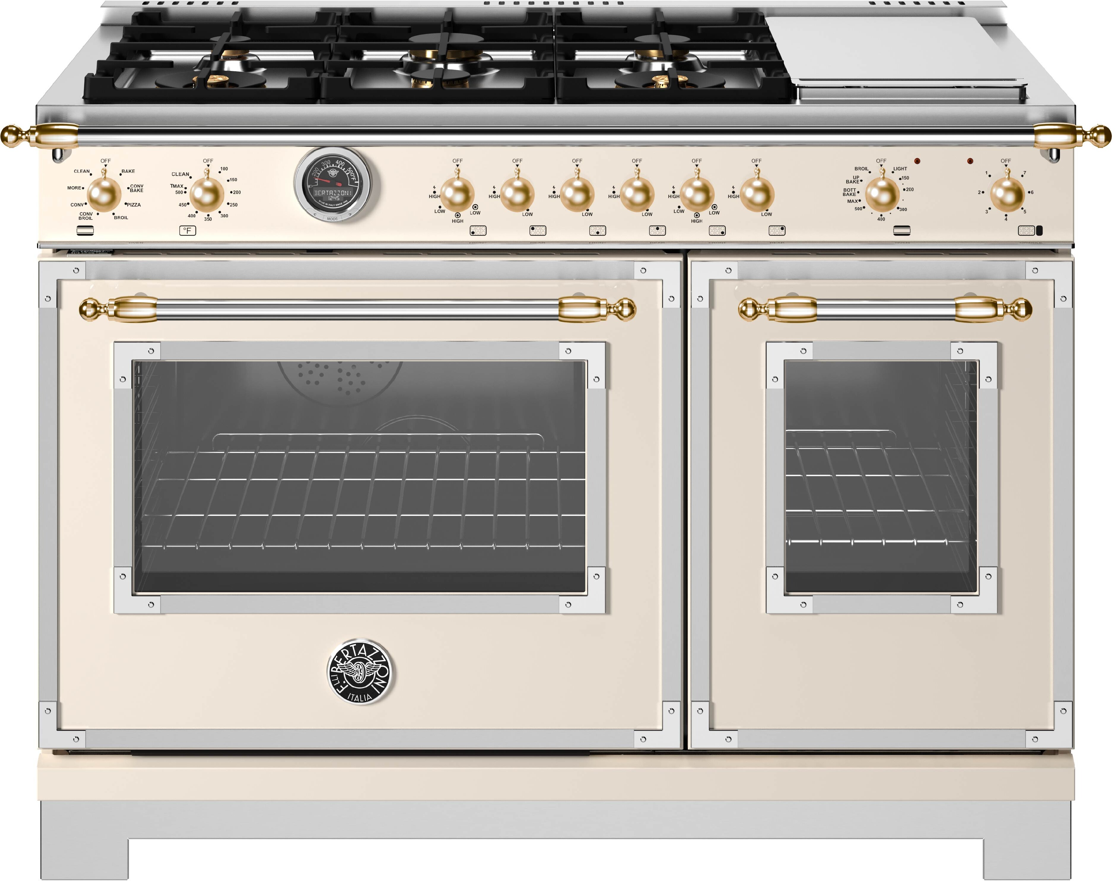 Bertazzoni HER486BTFEPAG Heritage Series 48 inch Dual Fuel Range with 6 Burners, Electric Griddle, 7 cu. ft. Oven Capacity, Air Fry and Self Cleaning (Avorio)
