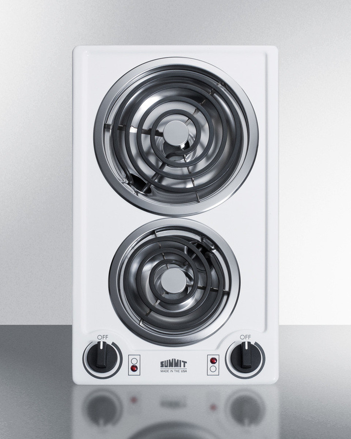 Summit CCE225WH 12 inch Electric Cooktop with 2 Coil Elements, 230V Operation, Chrome Drip Bowls, Push-to-Turn Controls and ADA Compliant (White)