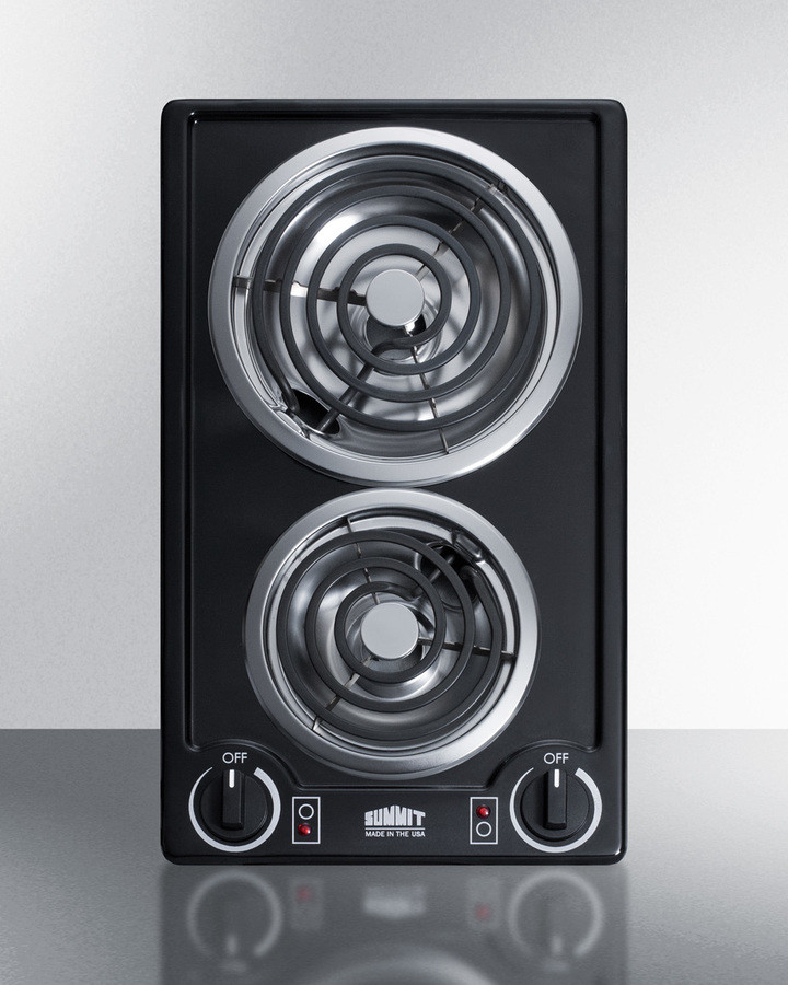 Summit CCE226BL 12 inch Electric Cooktop with 2 Coil Elements, 230V Operation, Chrome Drip Bowls, Push-to-Turn Controls and ADA Compliant (Black)