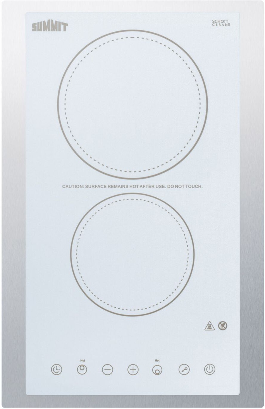 Summit CR2B23T4WTK15 230V 2-Burner Cooktop In White Ceramic Schott Glass With Digital Touch Controls And Stainless Steel Frame, 3000W, 9 Power Levels