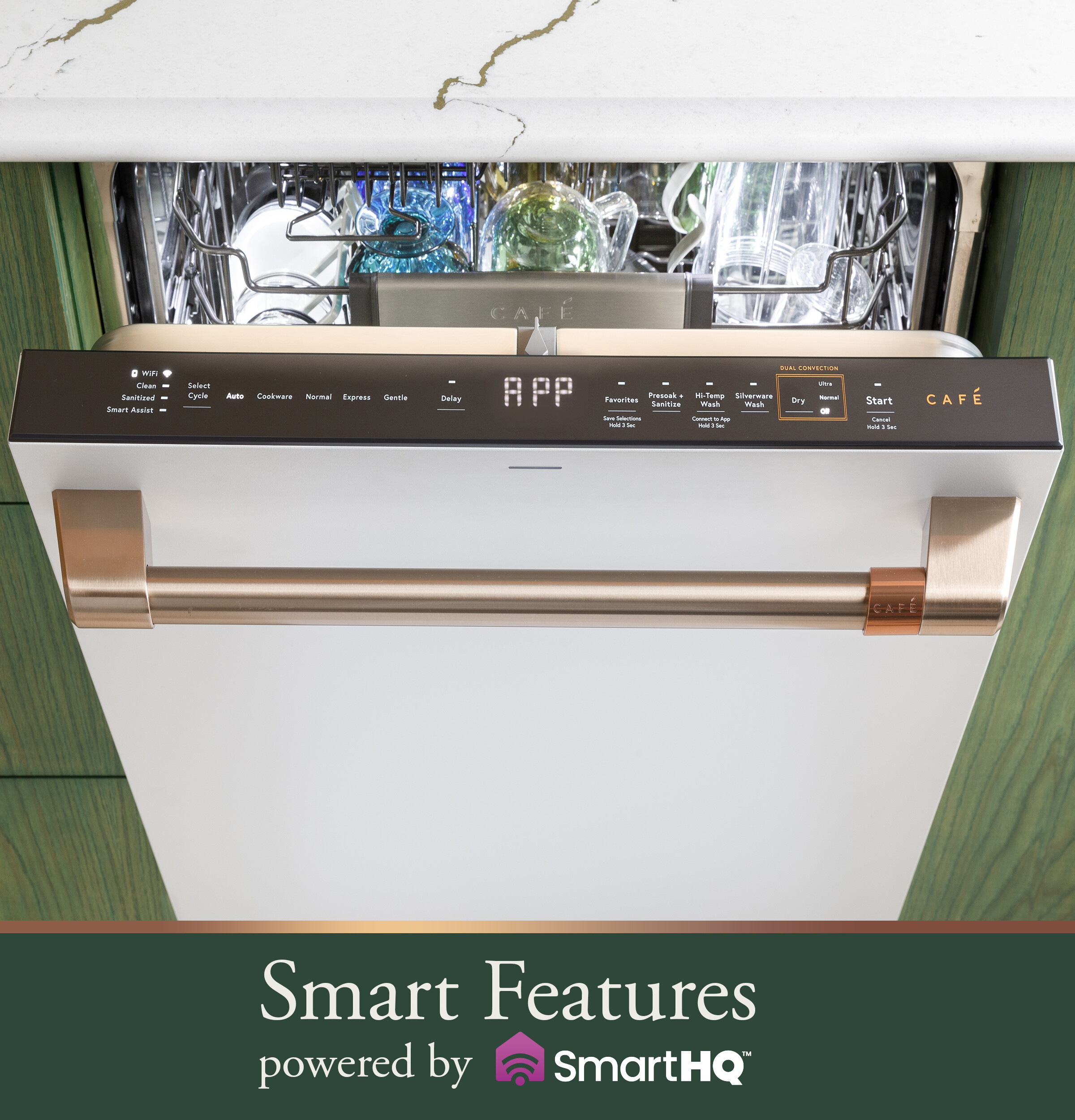Café dishwasher in a kitchen with a top control panel and brushed bronze handle, showing SmartHQ smart features branding