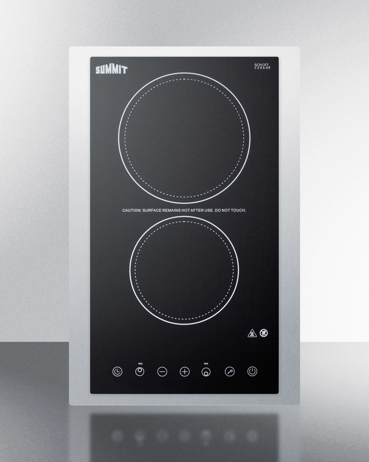 Summit CR2B23T3BTK15 230V 2-Burner Cooktop In Black Ceramic Schott Glass With Digital Touch Controls And Stainless Steel Frame For 15" Wide Counter