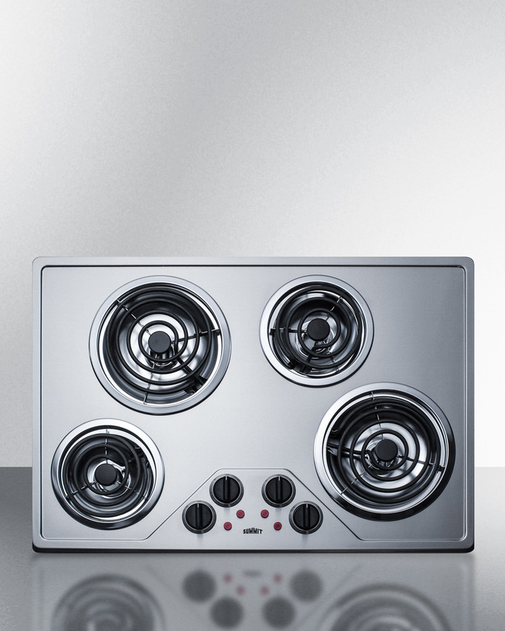 Summit CR430SS 30" Wide 230V 4-Burner Coil Cooktop - Stainless Steel Finish, Push-To-Turn Knobs, 1800W Burner, 1200W Elements