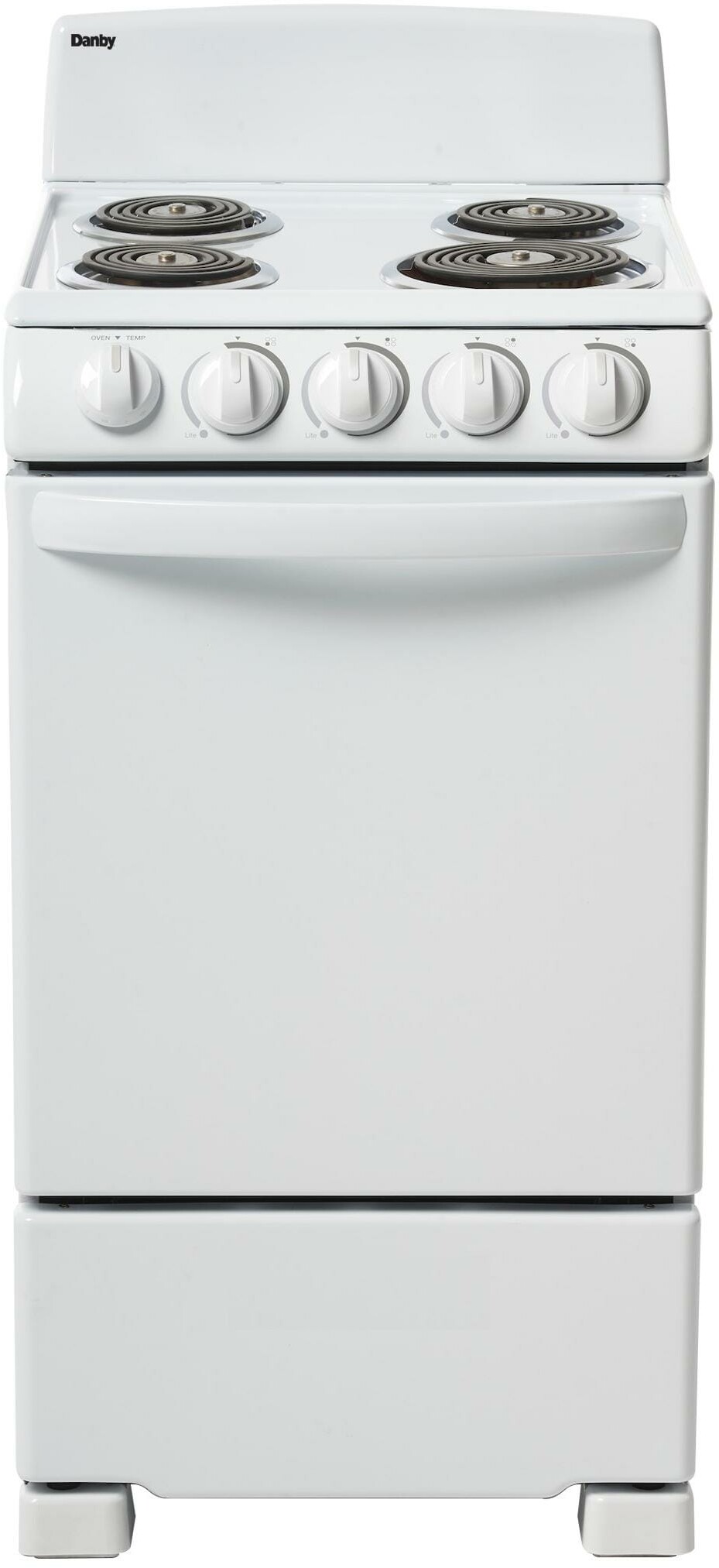 Danby DER203W 20 inch Electric Range with 4 Coil Elements, 2.3 cu. ft. Capacity, Push and Turn Safety Knobs, Pyrolytic Blue Oven Interior and ADA Compliant, in White