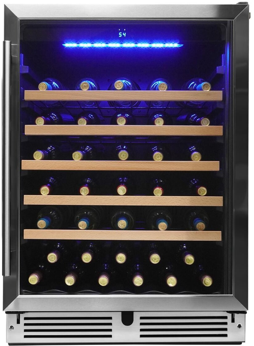 Danby DWC057D1BSS 24 inch Single Zone Wine Cooler With 63 Bottle Capacity, Blue LED Lighting and Reversible Door in Stainless Steel