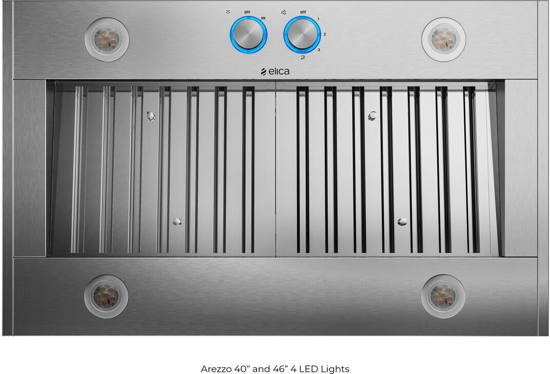 Elica Arezzo 40" Stainless Steel Range Hood - 600 CFM Blower, Baffle Slot Filters, Blue Backlighting, Standard Ducted Installation