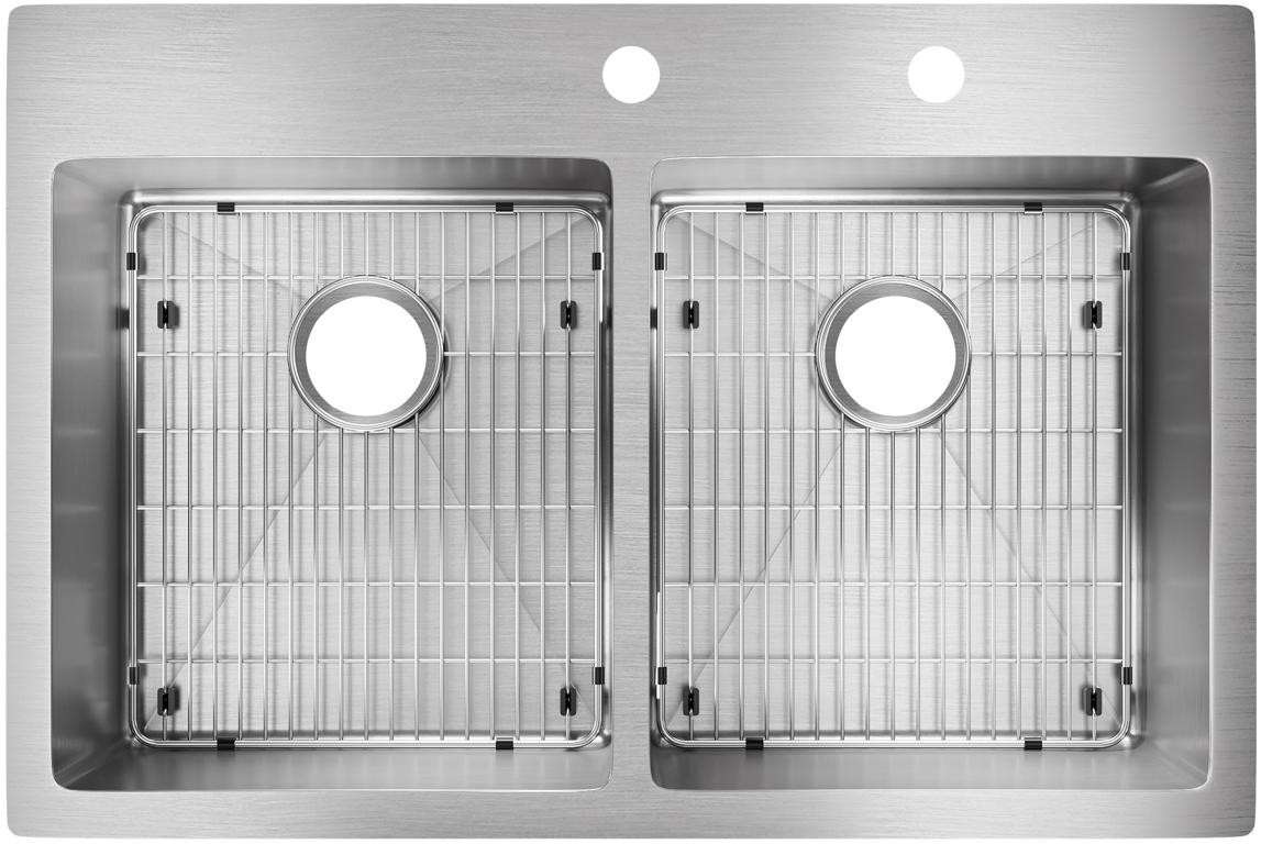 ECTSR33229TBGFR2 33 in. 18 Gauge Stainless Stee Double Bowl Dual Mount Kitchen Sink Kit, Polished Satin