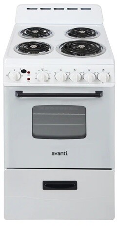 Avanti ERU200P0W 20 Inch Electric Range with 4 Coil Burners, 2.1 cu. ft. Oven Capacity, Seamless Framed Glass Door, Storage Drawer, Oven Indicator Light in White