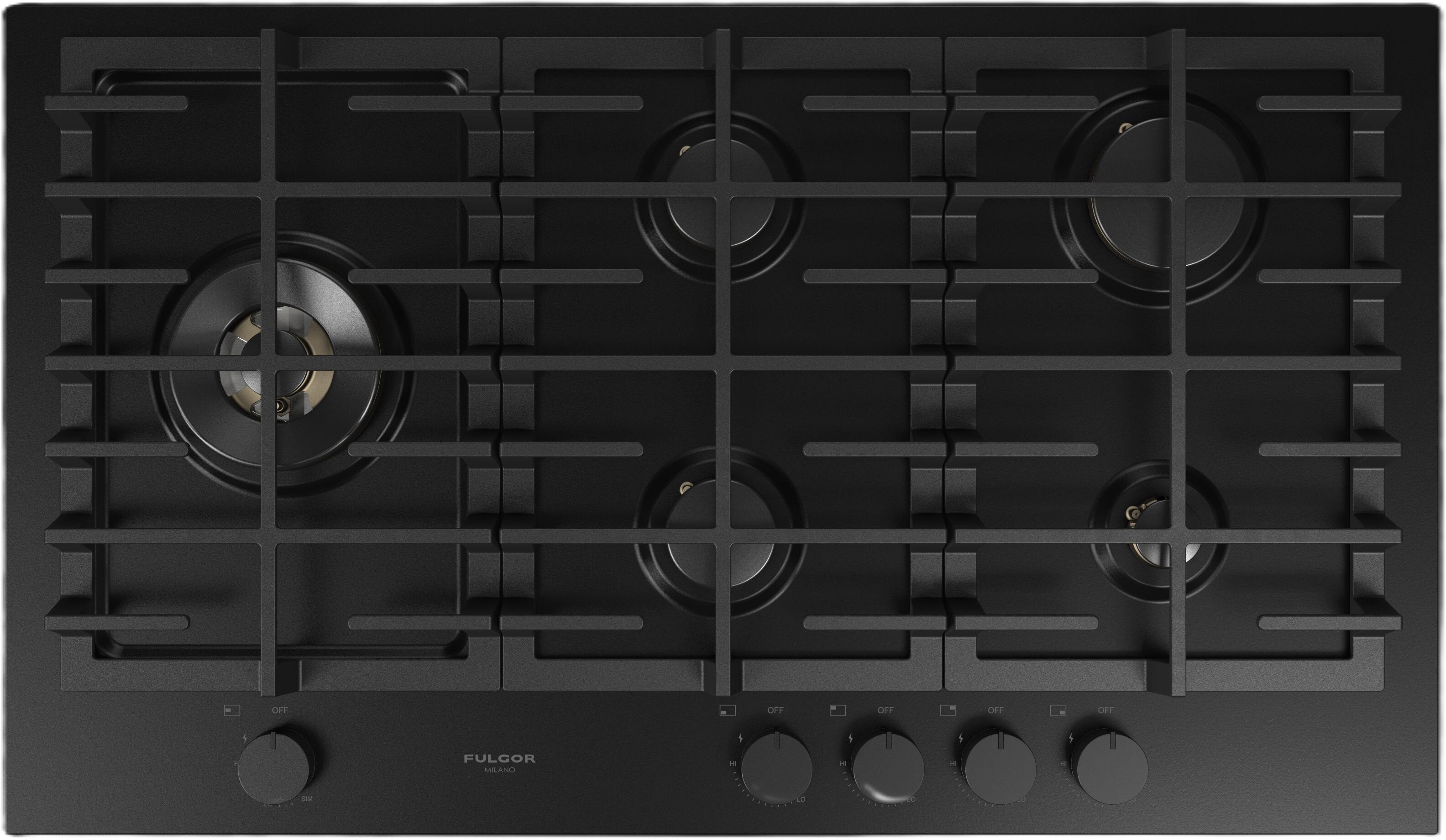 Fulgor Milano F4MEGK36MB1 36" Gas Cooktop with 5 Sealed Brass Burners, Matte Black Finish, Automatic Re-Ignition