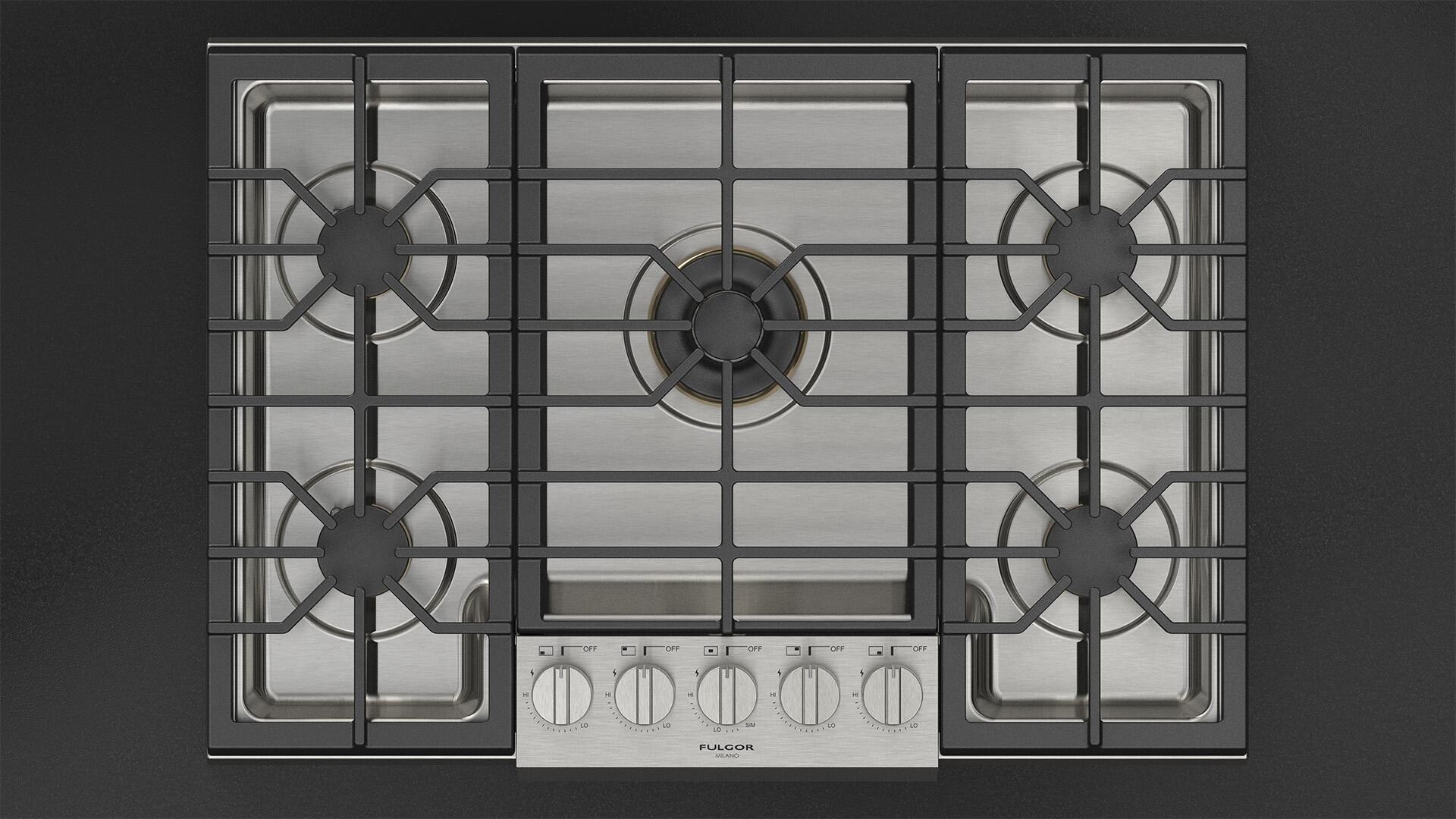 Fulgor Milano F6PGK305S2 30" Pro Gas Cooktop - 20,000 BTU Dual Brass Burner, 5 Burners, LED Illuminated Controls, Cast Iron Grates, 30" Wide, 3.43"