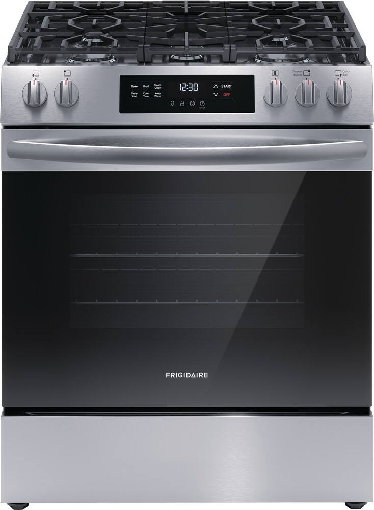 Frigidaire FCFG3062AS 30 inch Gas Range with Steam Clean, 5 Burners, 5.1 cu. ft. Oven Capacity, Continuous Edge-to-Edge Grates (Stainless Steel)