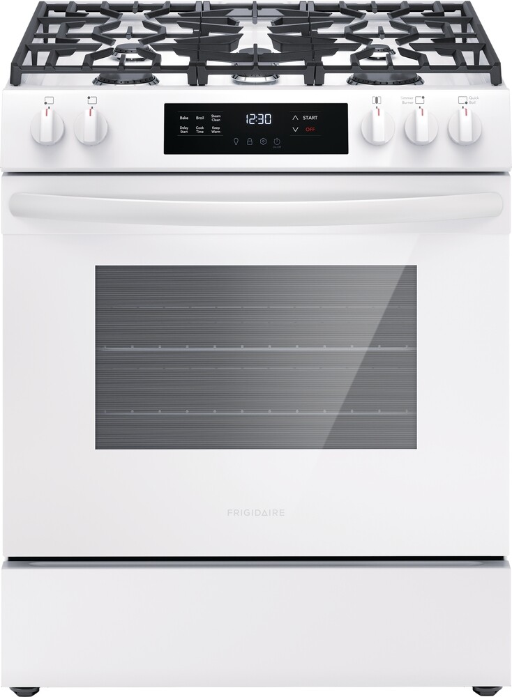 Frigidaire FCFG3062AW 30 inch Gas Range with Steam Clean, 5 Burners, 5.1 cu. ft. Oven Capacity, Continuous Edge-to-Edge Grates (White)