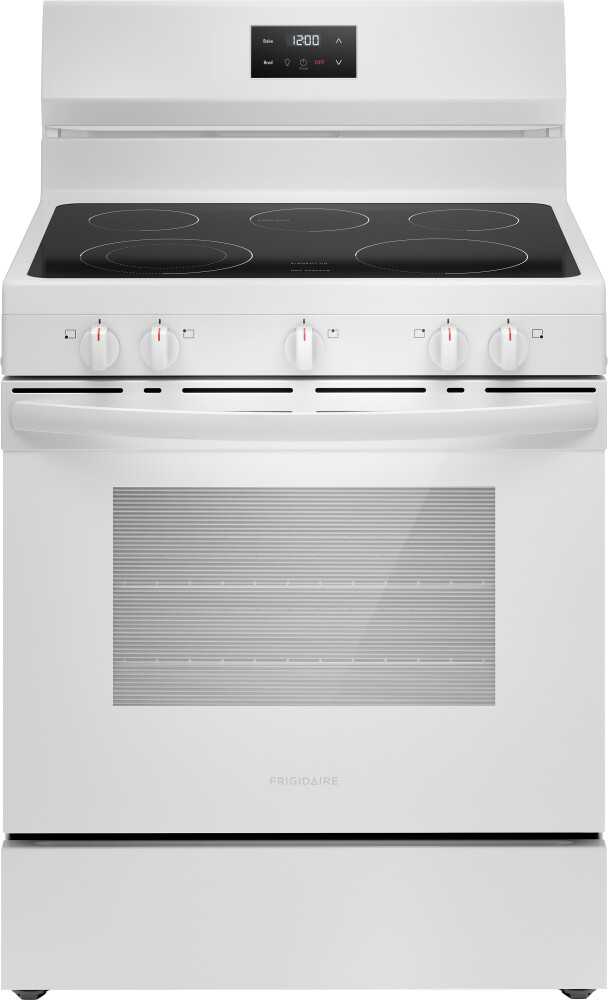 Frigidaire FCRE3052BW 30" Electric Range - 3,000W Quick Boil Element, 5 Cooktop Elements, Extra Wide Store-More Storage Drawer