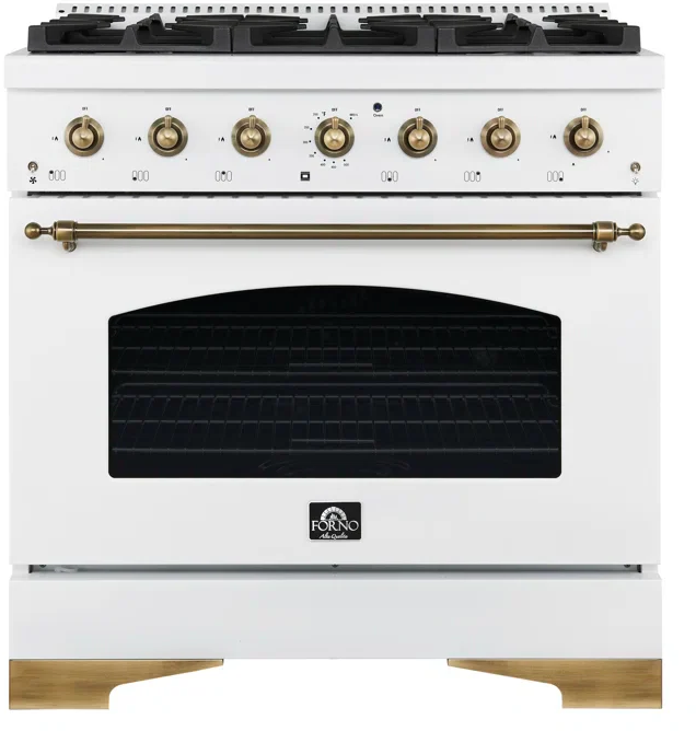 Forno FFSGS621936WHT Forno Antico 36-Inch Freestanding Gas Range, White, Antique Brass Design, 6 Burners, Convection Oven, Energy Efficient