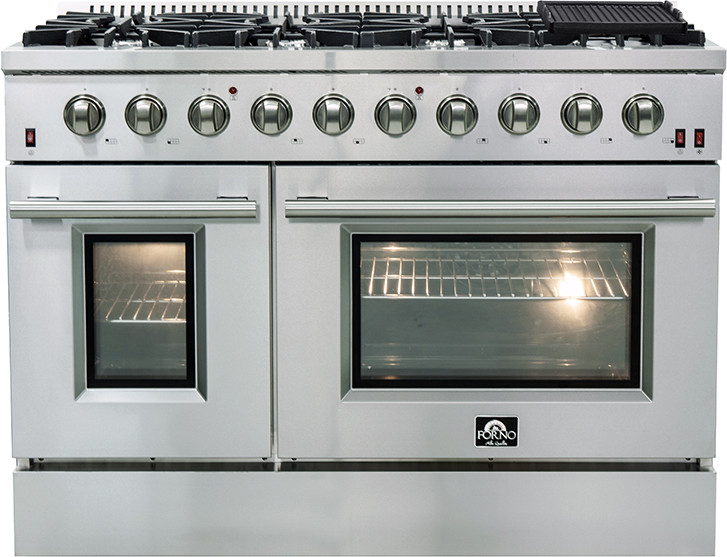 Forno FFSGS624448 Galiano Series 48 inch Freestanding Double Gas Range with 8 Sealed Burners, 6.58 cu.ft Convection Fan Oven, Pro-Style handle, Adjustable Stainless Steel Legs (Stainless Steel)
