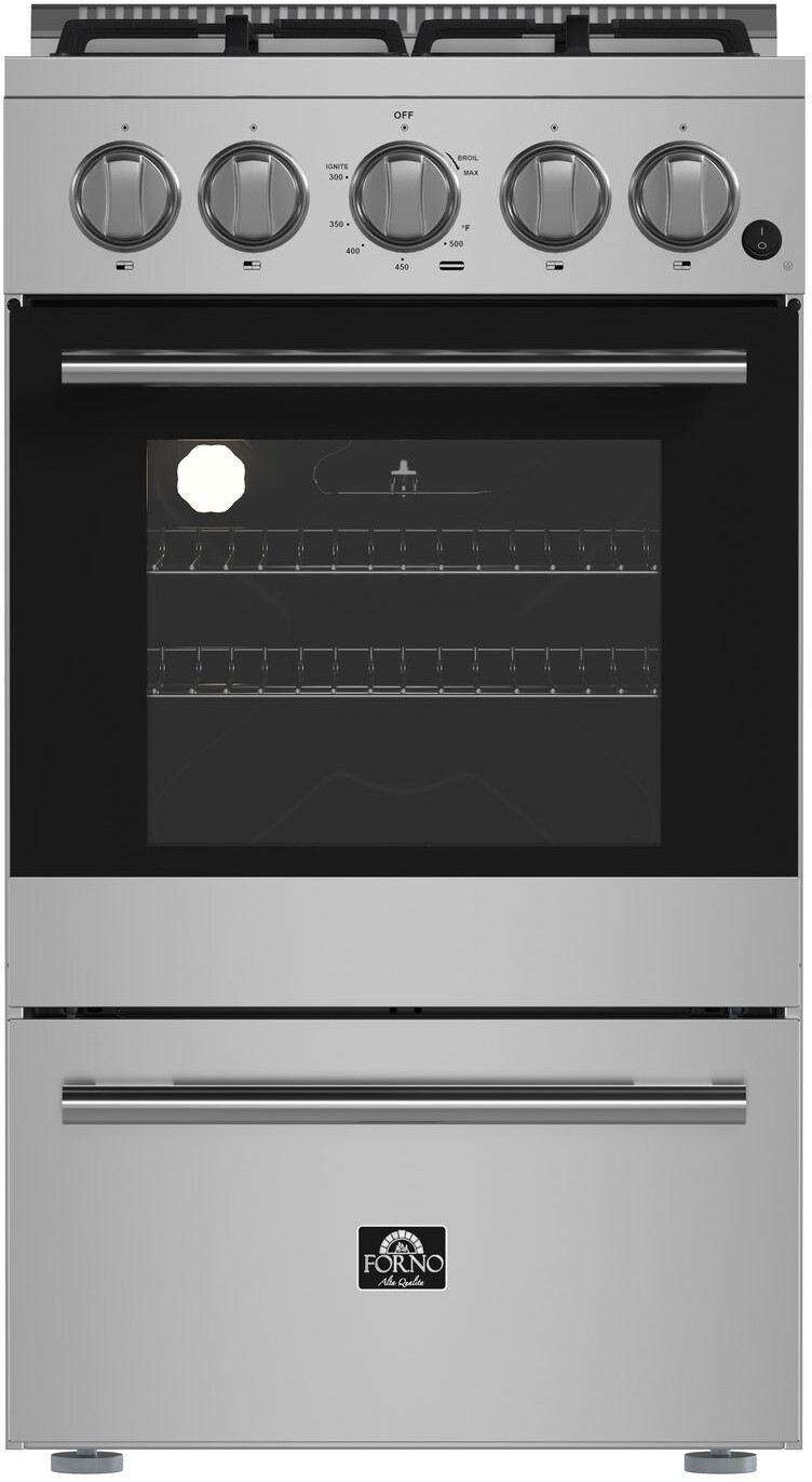 Forno FFSGS626520 Lamazze Series 20 inch Gas Range with 4 Sealed Burners, 8500 BTU Heating Power, 2.05 cu. ft. Oven Capacity, Glass Door, Storage Drawer, in Stainless Steel (Stainless Steel)