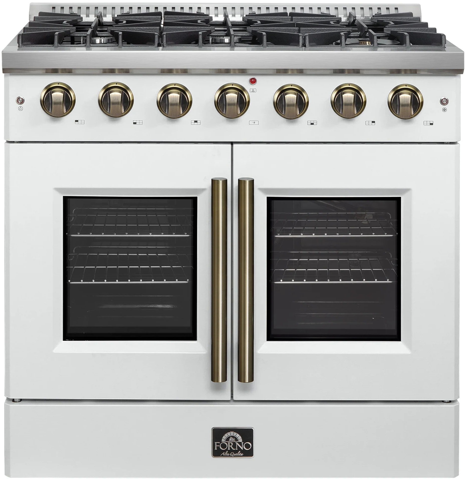 Forno FFSGS644436WHT Galiano Series 36 inch Freestanding French Door Gas Range with 6 Sealed Burners, Pro-Style handle, Adjustable Stainless Steel Legs, Continuous Cast Iron Grates (White)
