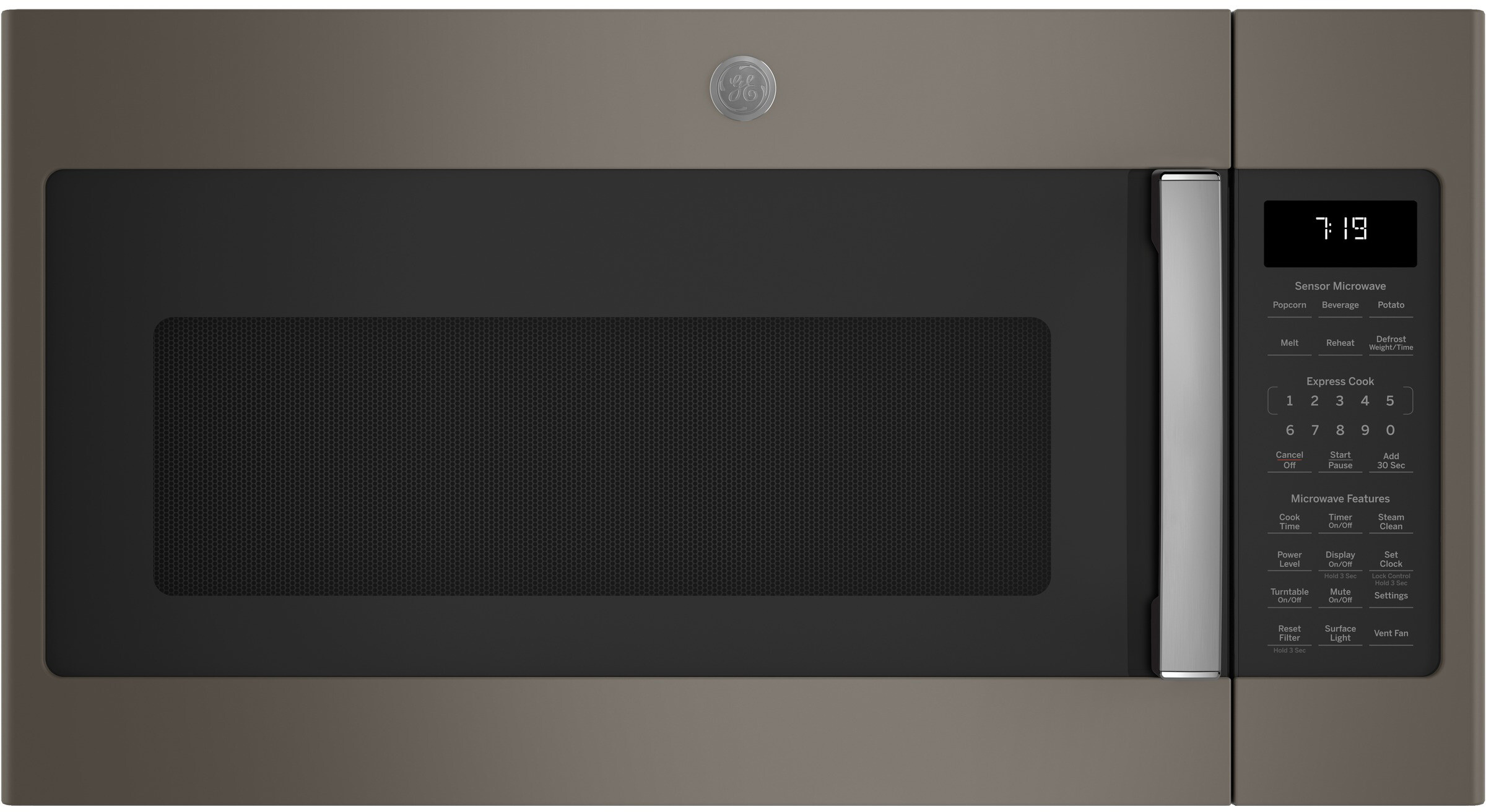 GE JVM7195EWES 30 inch Over-the-Range Microwave with Sensor Cook, On-Off Glass Turntable, Melt Feature, 1.9 cu. ft. Capacity, 400 CFM and Steam Clean in Slate