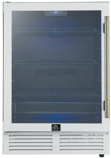 Forno Frescolino 24 Inch Beverage Cooler, White, Antique Brass Handles, LED Lighting, 188 Can Capacity, Built-In or Freestanding