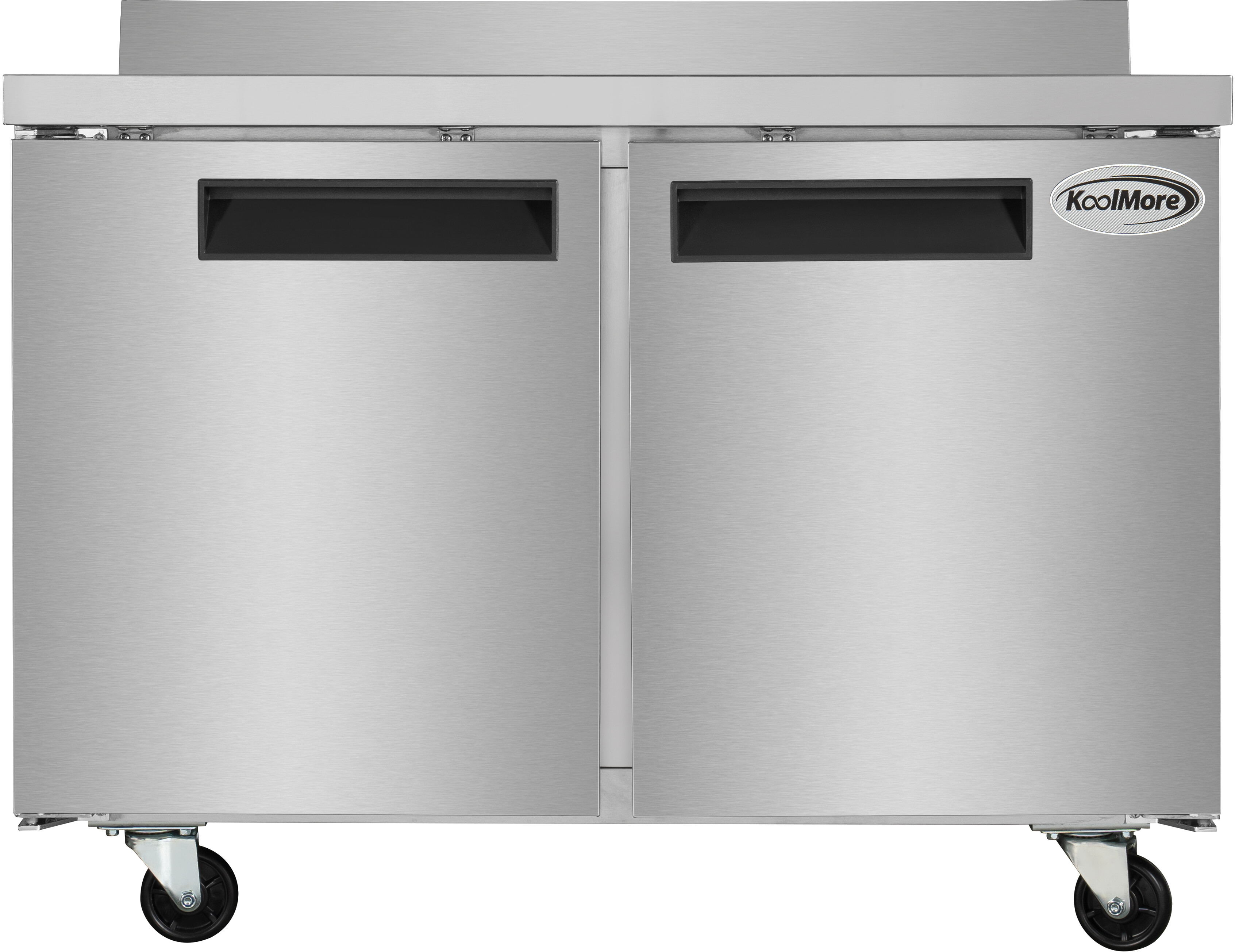 KoolMore FWT2D12C 48 inch Stainless Steel Two-Door Worktop Commercial Freezer with 3.5 in. Backsplash, 12 cu. ft. Capacity, Auto Defrost , One adjustable shelf, Self-closing door, in Stainless Steel