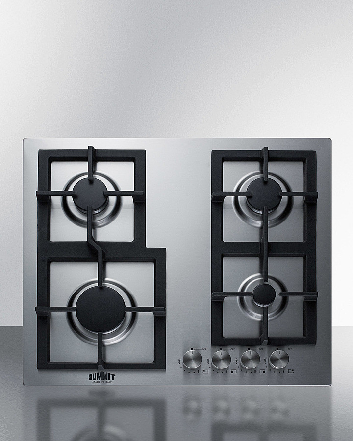Summit GCJ4SS 24 inch Gas Cooktop with 4 Sealed Burners, Continuous Cast Iron Grates and Push-to-Turn Knobs in Stainless Steel (Natural Gas)