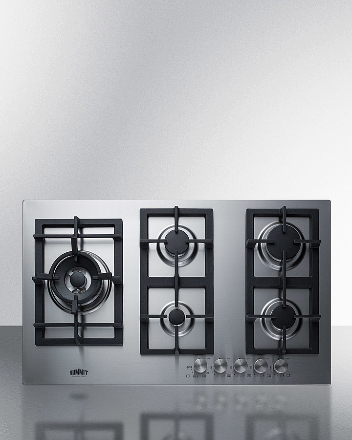 Summit GCJ536SS 34 inch Gas Cooktop with 5 Sealed Burners, Designer Knobs, Rapid Burner, Smooth Edge Design, Cast Iron Grates and Wok Ring in Stainless Steel (Natural Gas)