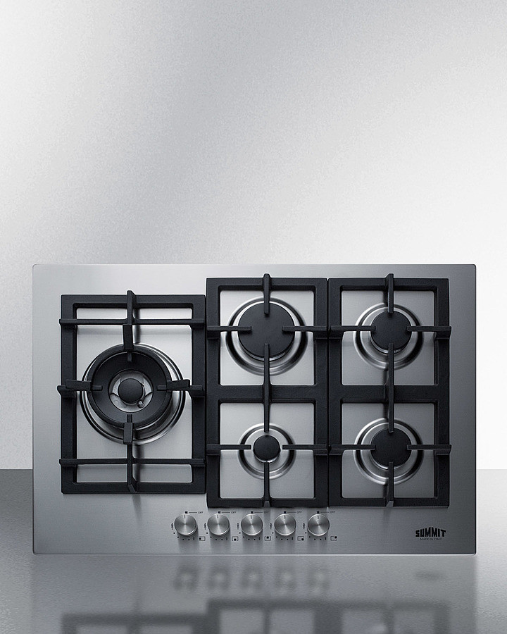 Summit GCJ5SS 30 inch Gas Cooktop with 5 Sealed Burners, Designer Knobs, Cast Iron Grates, Push-to-Turn Knobs, Rapid Burner and Wok Ring in Stainless Steel (Natural Gas)