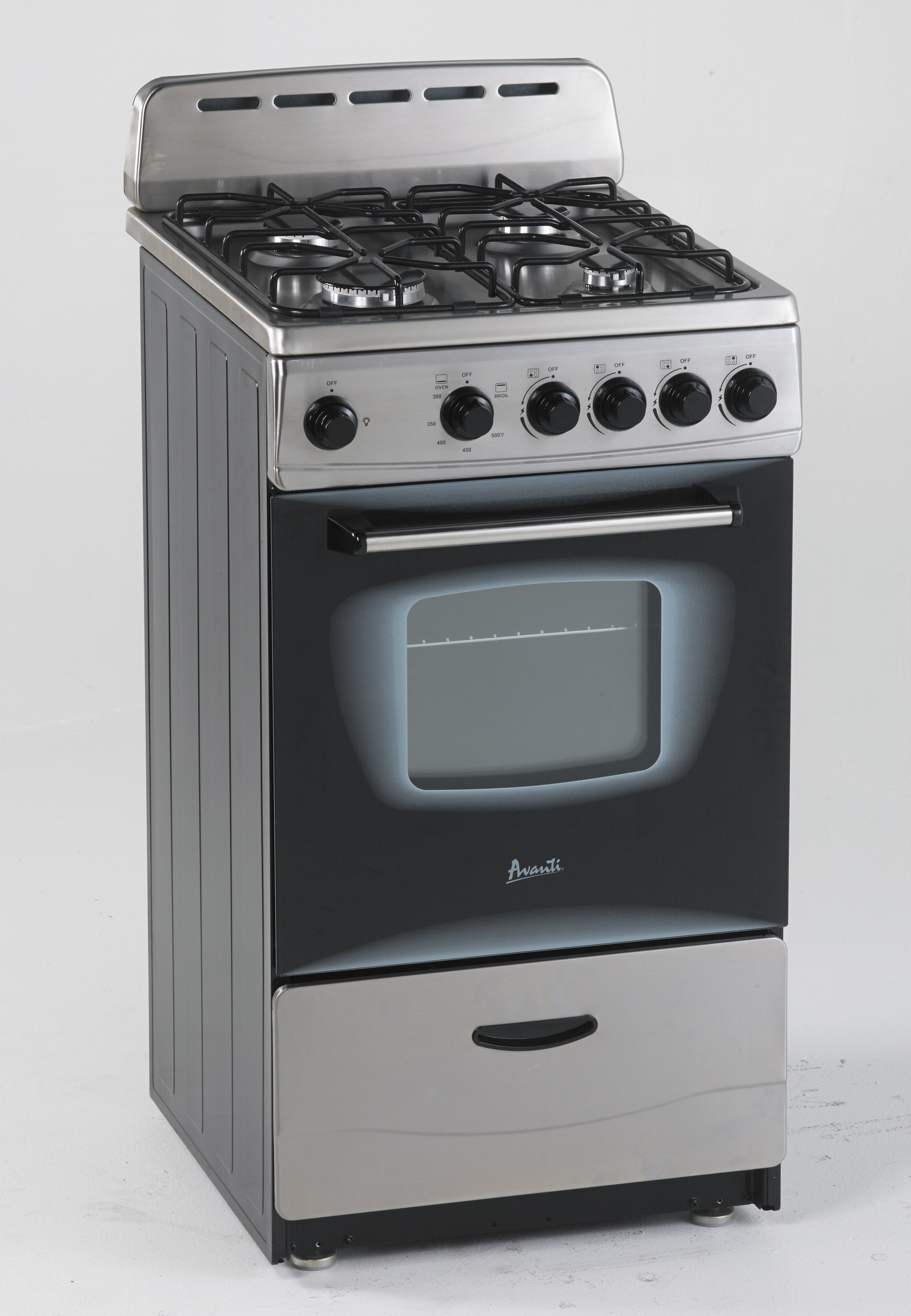 Avanti GR2013CSS 20 inch Freestanding Gas Range with 4 Sealed Burners, 2.1 cu. ft. Oven Capacity, Storage Drawer (Stainless Steel)