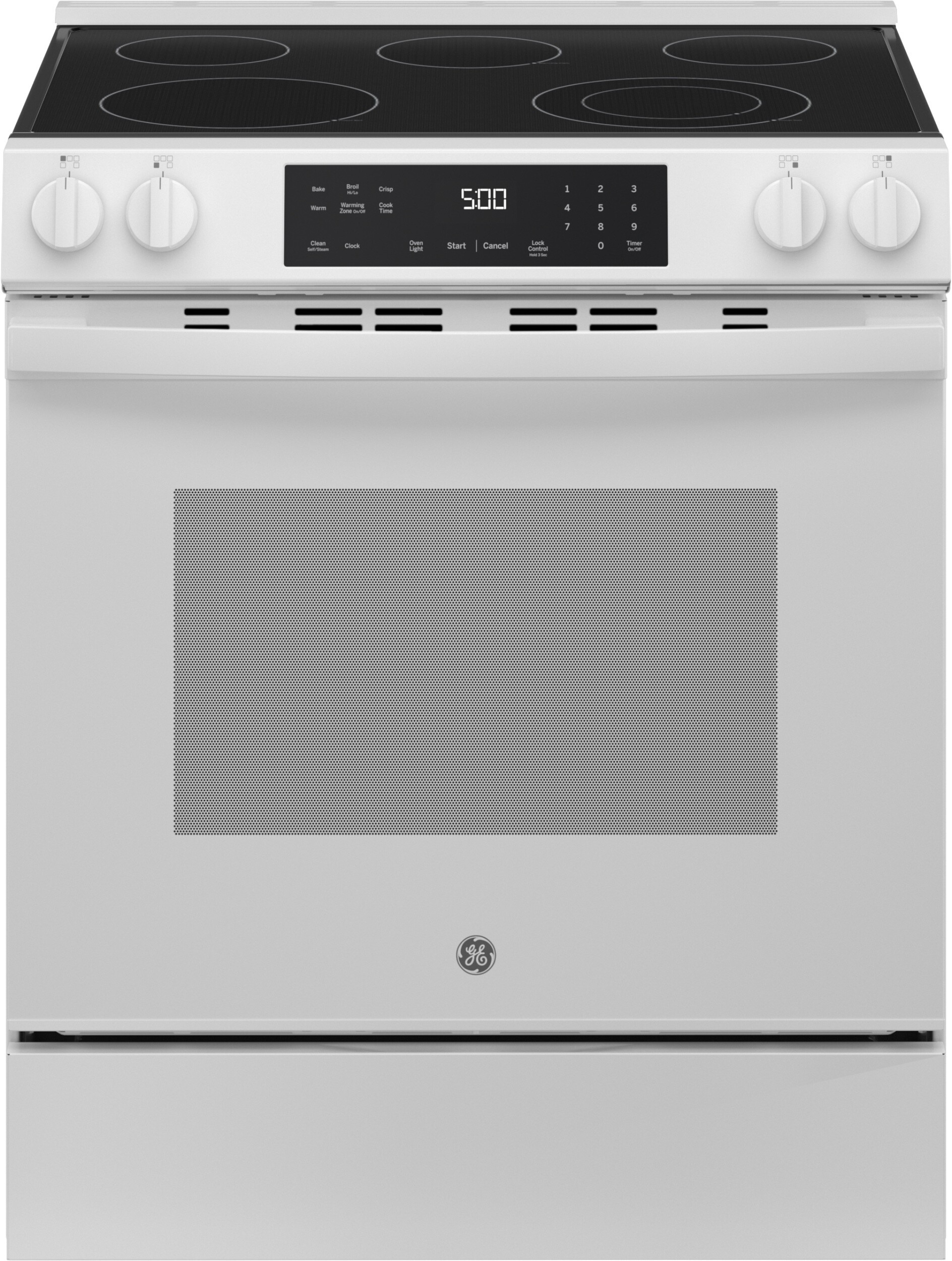 GE GRS500PVWW 30 inch Slide-In Electric Range with 5 Elements, 5.3 cu. ft. Oven Capacity, Crisp Mode, Fifth Element Warming Zone and Self-Clean with Steam Clean (White)