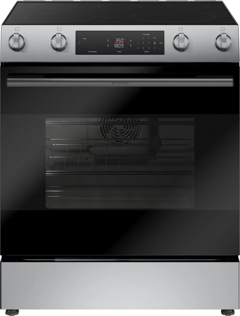Bosch HEF1050MU 100 Series 30 Inch Slide-In Electric Range with 5 Elements, 5.8 cu. ft. Oven Capacity, Storage Drawer, Self-Clean and Steam-Assist, ADA Compliant, Sabbath Mode, Star-K Certified, in Stainless Steel
