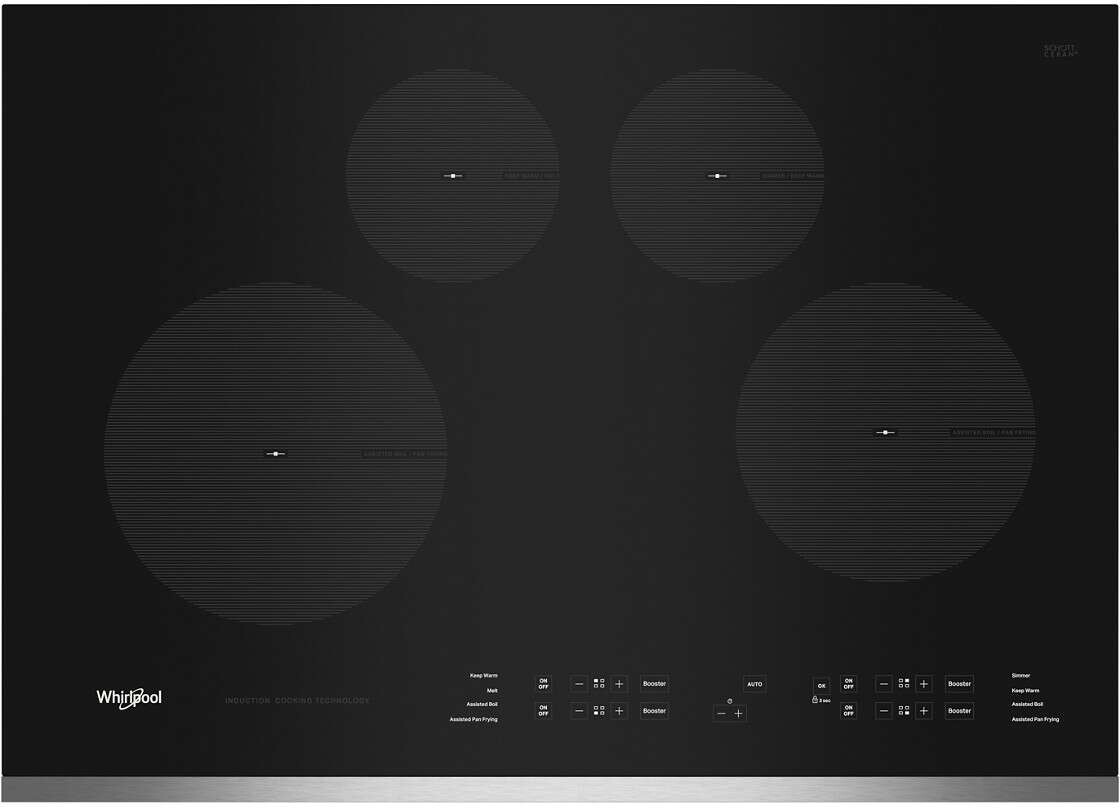 Whirlpool WCI55US0JS 30 inch Induction Cooktop with 4 Induction Elements, 3000 Watts Heating Power, Control Lock Mode, Pan Detection, Keep Warm (Stainless Steel)