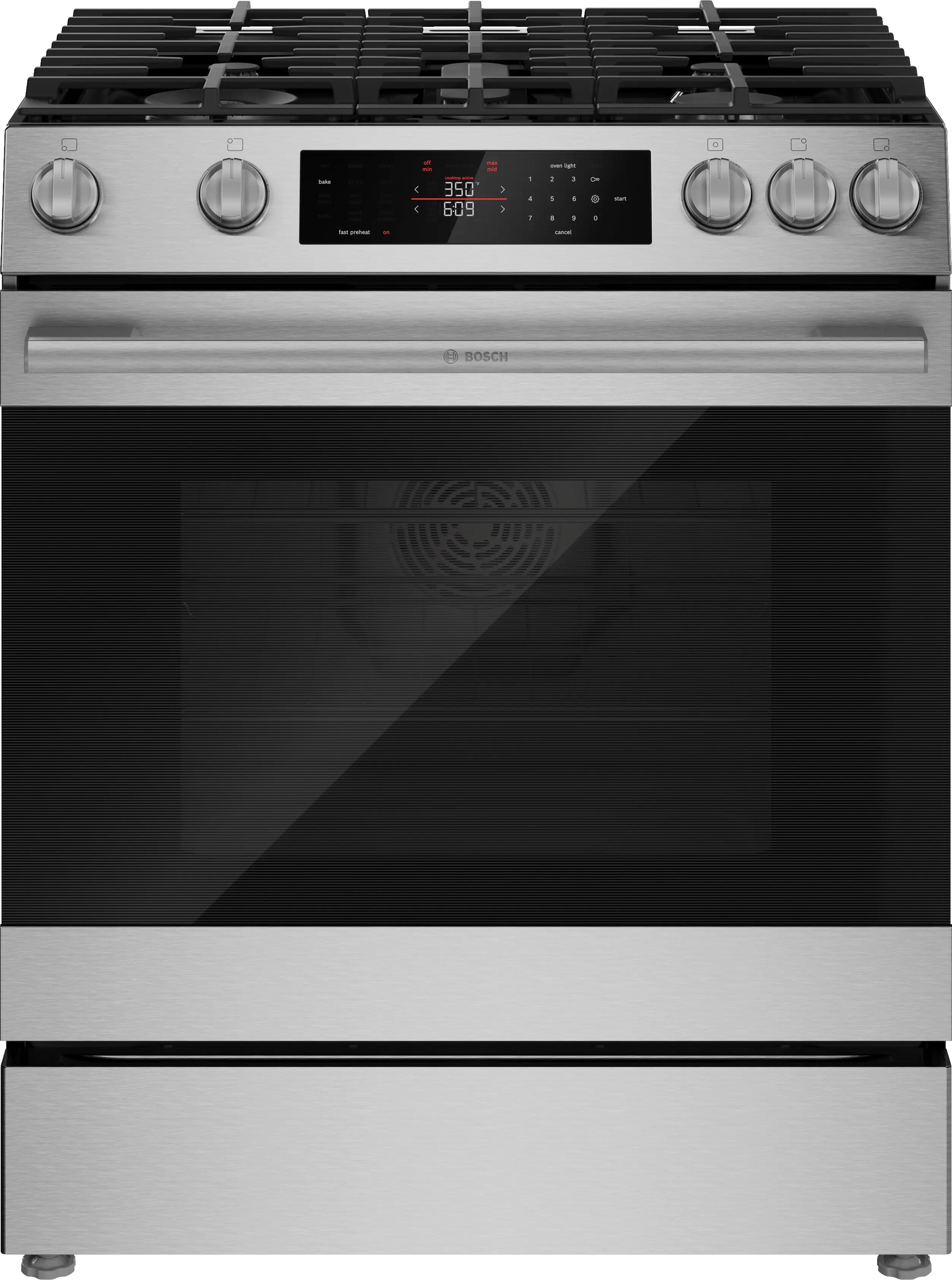 Bosch HGF3050MUC 300 Series 30 inch Gas Slide-In Range with 5 Burners, 5.8 cu. ft. Oven Capacity, Center Oval Burner, and Air Fry in Stainless Steel