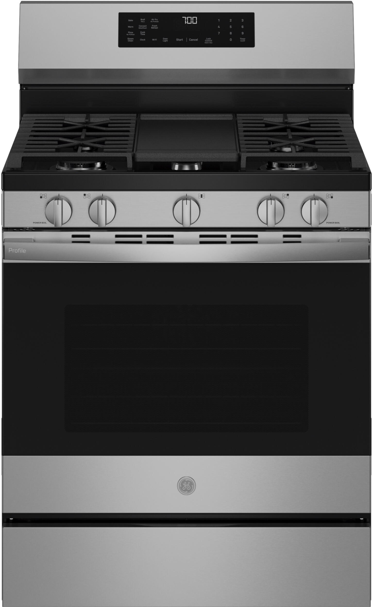 GE Profile™ 30” Smart Free-Standing Gas Convection Range with No Preheat Air Fry and EasyWash™ Oven Tray in Stainless | PGF700AYFS | Standard Cast