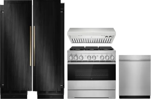 Noir 5 Piece Kitchen Appliances Package with Dual Fuel Range, Column Refrigerator and Dishwasher in Stainless Steel - JennAir JAREFRRADWRH118