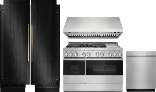 Noir 5 Piece Kitchen Appliances Package with Gas Range, Column Refrigerator and Dishwasher in Stainless Steel - JennAir JAREFRRADWRH119