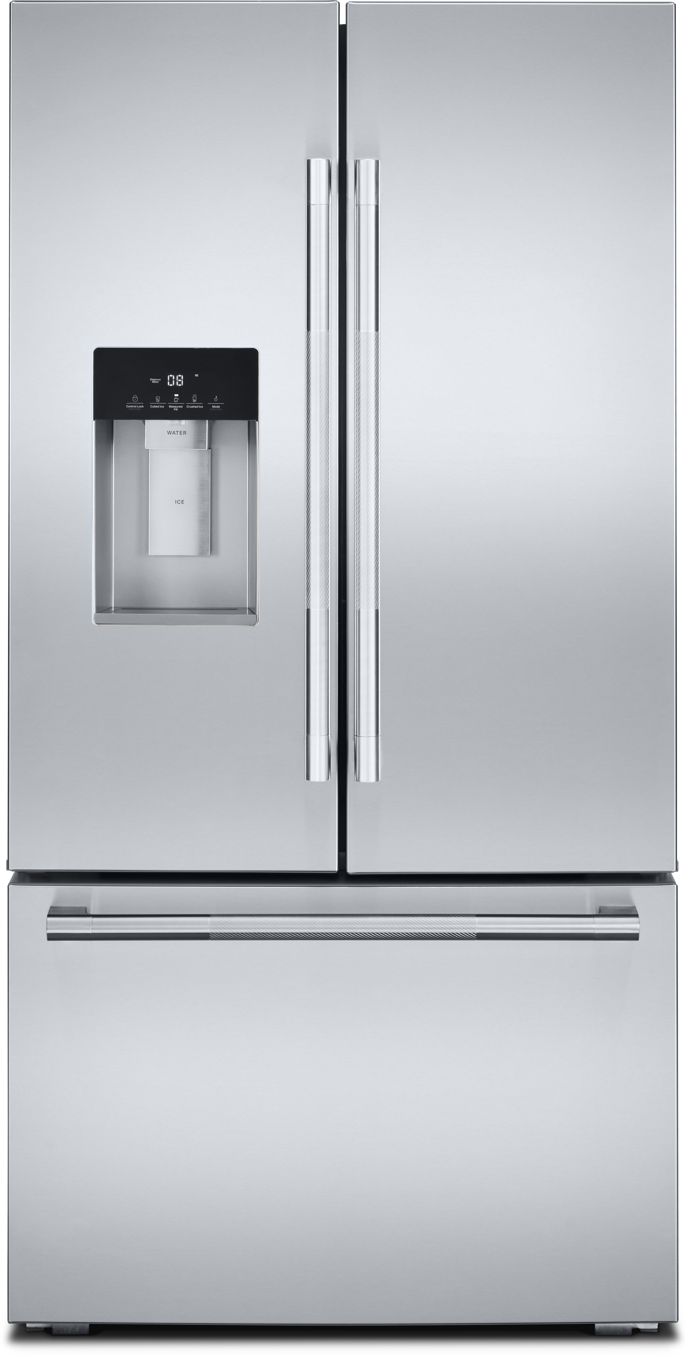 JennAir JFFCCE72SL RISE 36 inch Smart Counter-Depth French Door Refrigerator with 23.84 cu. ft. Capacity, Exterior Ice and Water Dispenser, Obsidian Black Interior and Pull Out Tray in Stainless Steel