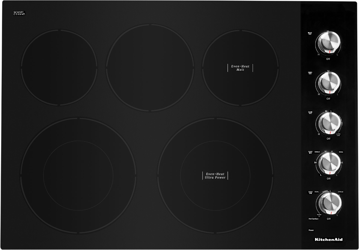 Kitchenaid KCES550HBL 30" Electric Cooktop With 5 Elements And Knob Controls - Black, 10" Even-Heat Ultra Power Element, Simmer Setting, 5 Burner