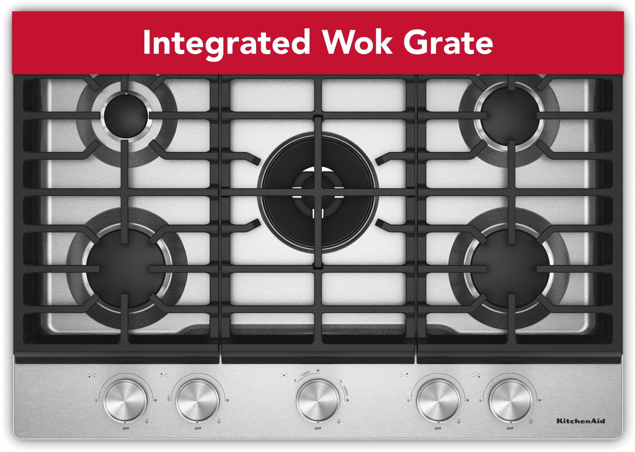 KitchenAid KCGK530SSS 30 inch Gas Cooktop with 5 Burners, Integrated Wok Grate and ADA Compliant (Stainless Steel)
